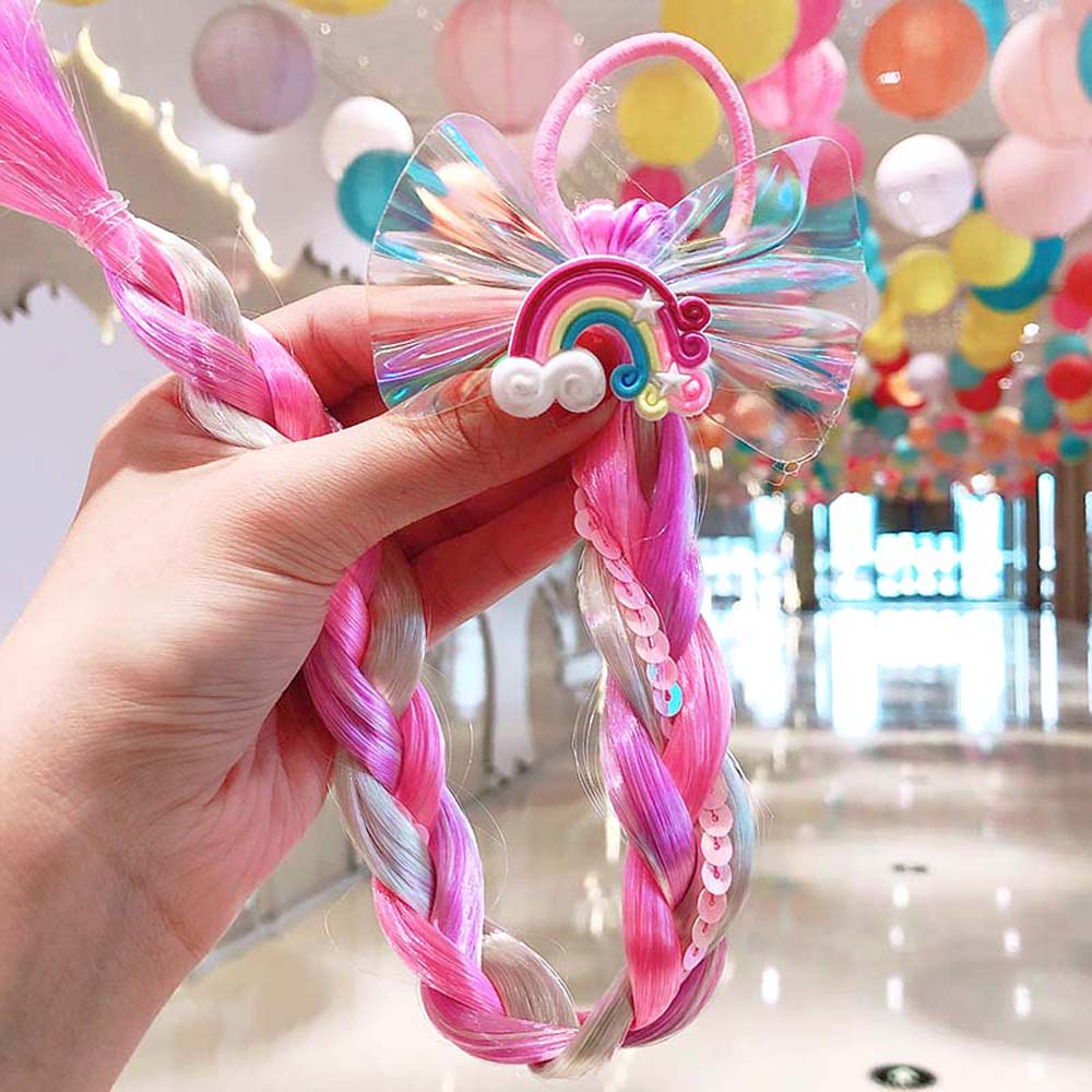 PINK RAINBOW BUTTERFLY BRAIDED HAIR PIECE WITH ELASTIC RUBBER BAND