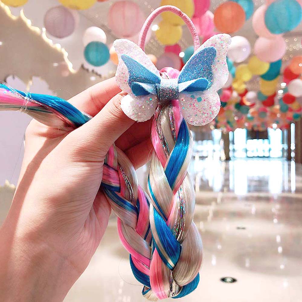 BLUE BUTTERFLY BRAIDED HAIR PIECE WITH ELASTIC RUBBER BAND