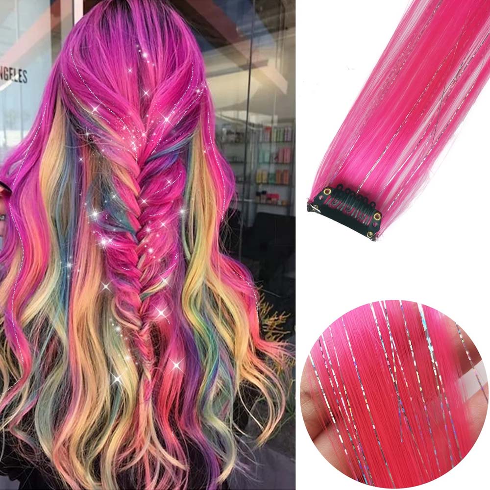 LIGHT BLUE & PURPLE 40CM TINSEL CLIP IN HAIR EXTENSIONS HAIR HIGHLIGHTS