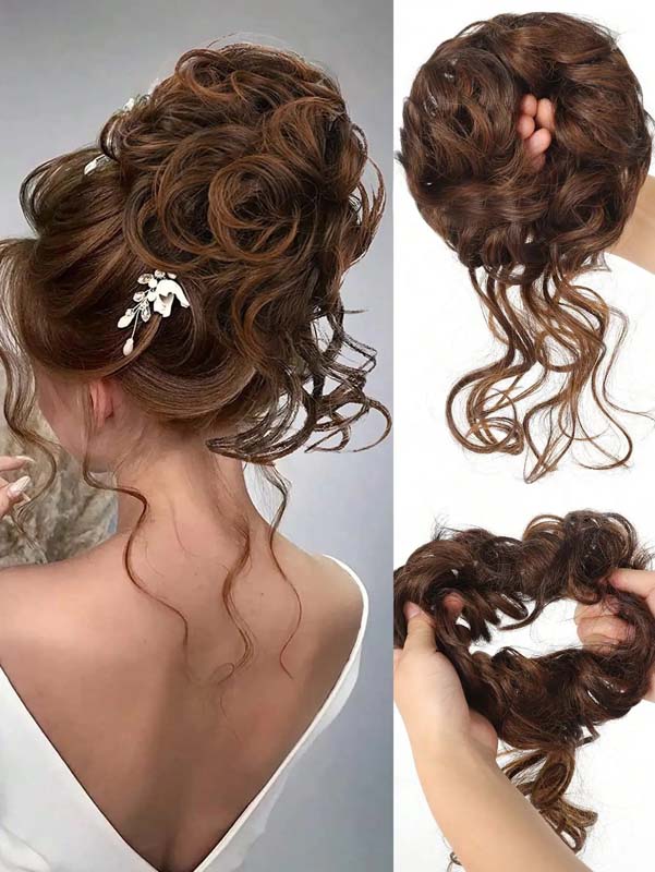 ASH BROWN 20CM SYNTHETIC HAIR BUN EXTENSIONS MESSY CURLY SCRUNCHIES