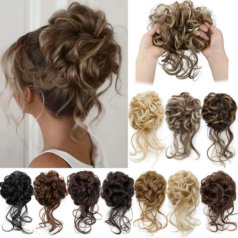 WHITE 20CM SYNTHETIC HAIR BUN EXTENSIONS MESSY CURLY SCRUNCHIES