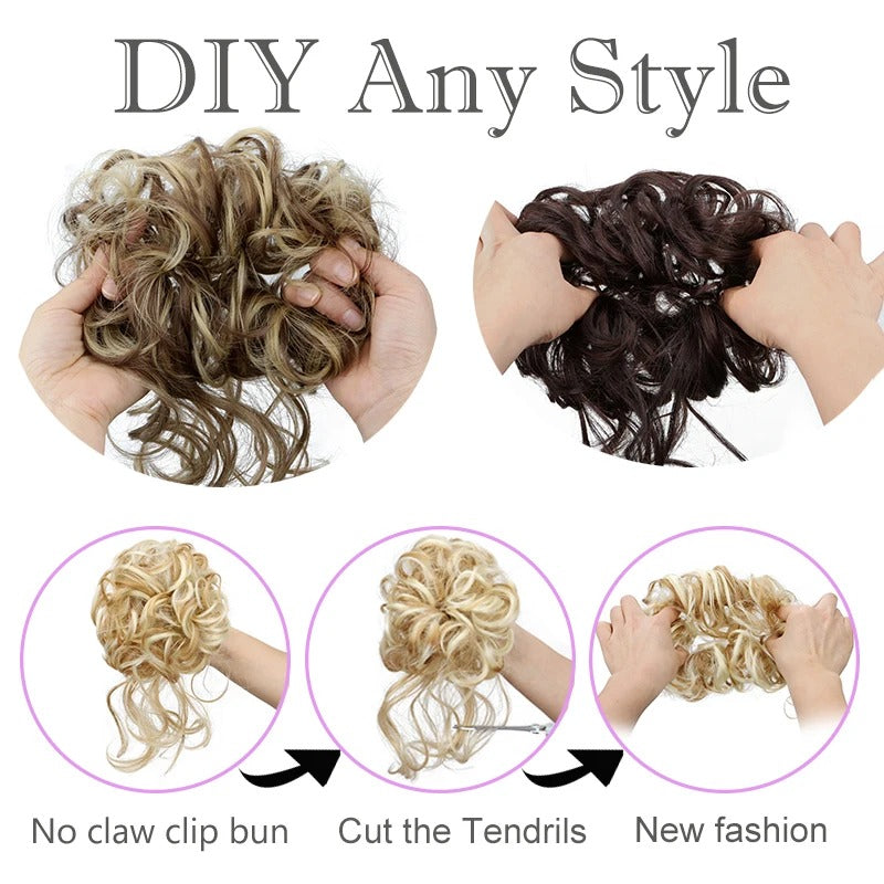 WHITE 20CM SYNTHETIC HAIR BUN EXTENSIONS MESSY CURLY SCRUNCHIES