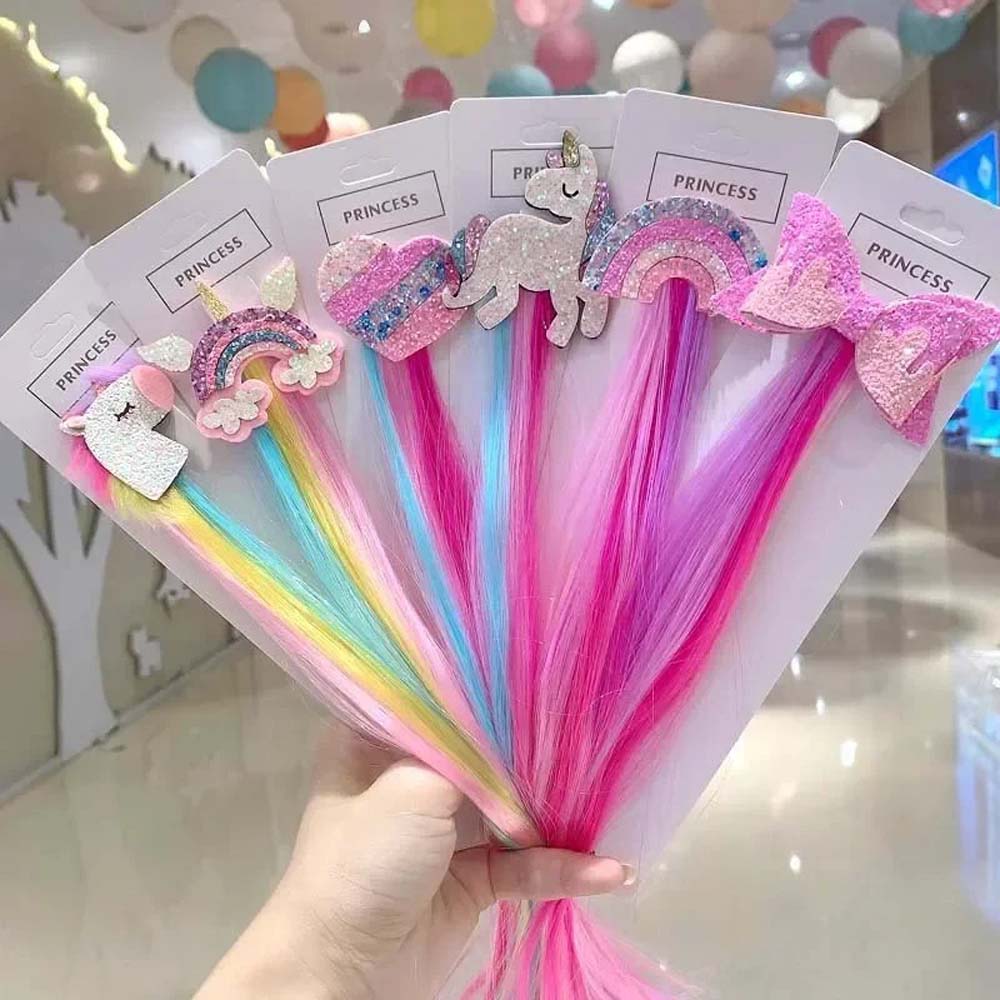 40CM UNICORN &amp; RAINBOW HAIR CLIPS WITH COLORFUL EXTENSIONS