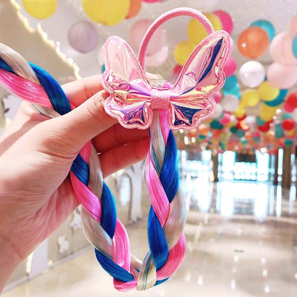 PINK BLUE BUTTERFLY BRAIDED HAIR PIECE WITH ELASTIC RUBBER BAND