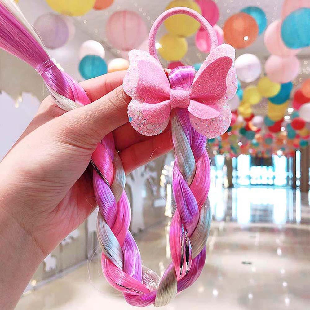 PINK BUTTERFLY BRAIDED HAIR PIECE WITH ELASTIC RUBBER BAND
